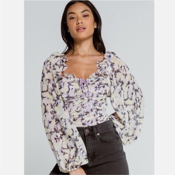 Free People Mabel Printed Yellow Blouse in Lilac size XS - Picture 1 of 11